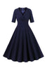 Afbeelding in Gallery-weergave laden, Navy halve mouwen V hals 1950s jurk