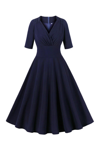 Navy halve mouwen V hals 1950s jurk