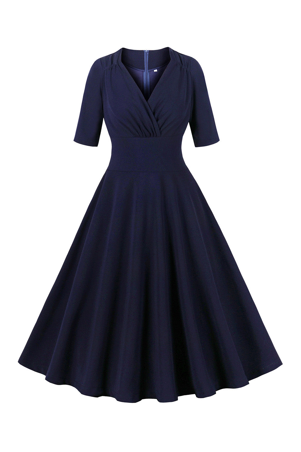 Navy halve mouwen V hals 1950s jurk