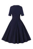 Afbeelding in Gallery-weergave laden, Navy halve mouwen V hals 1950s jurk