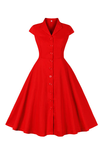 Rode V-hals 1950s jurk met korte mouwen