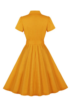 Gele Swing V hals vintage jurk met korte mouwen