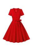 Rode V hals Bowknot korte mouwen Retro Swing Dress