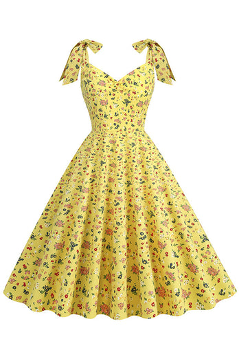 Geel bedrukte mouwloze riemen Vintage jurk