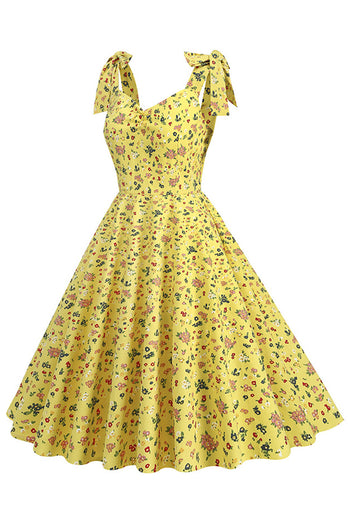 Geel bedrukte mouwloze riemen Vintage jurk