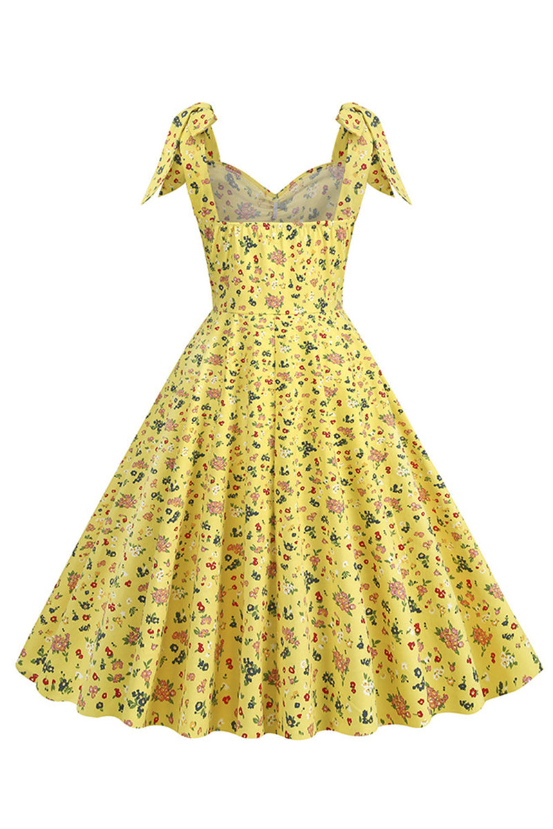 Afbeelding in Gallery-weergave laden, Geel bedrukte mouwloze riemen Vintage jurk