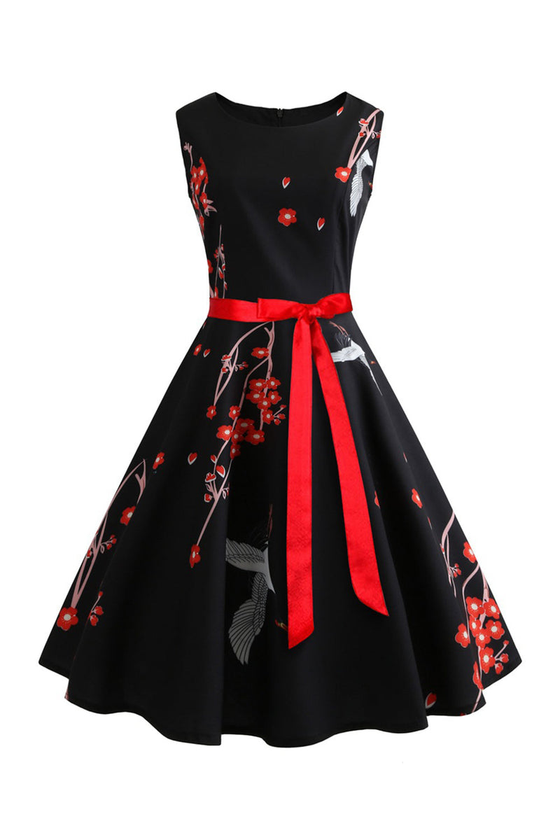 Afbeelding in Gallery-weergave laden, Zwarte mouwloze bedrukte swing vintage jurk