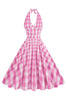 Afbeelding in Gallery-weergave laden, Roze halter geruite mouwloze jaren 1950 jurk met riem