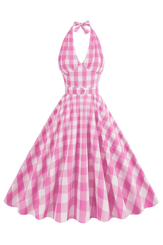 Roze halter geruite mouwloze jaren 1950 jurk met riem