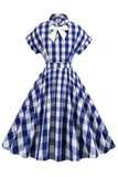 Roze geruite Bowknot jaren 1950 jurk met korte mouwen