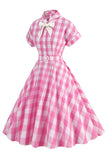 Roze geruite Bowknot jaren 1950 jurk met korte mouwen