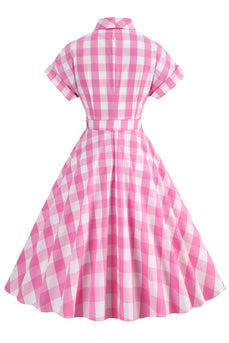 Roze geruite Bowknot jaren 1950 jurk met korte mouwen