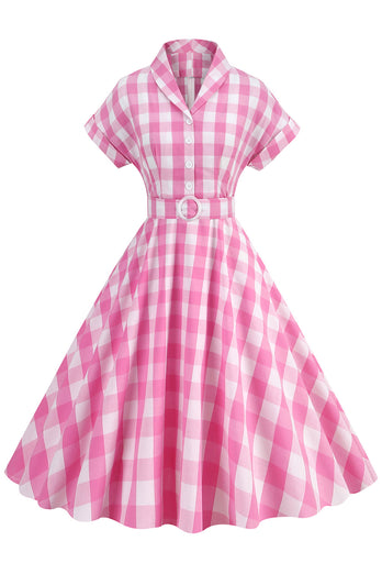 Roze geruite Bowknot jaren 1950 jurk met korte mouwen