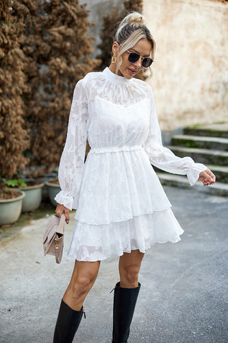 Witte lange mouwen A-lijn korte casual jurk met appliques