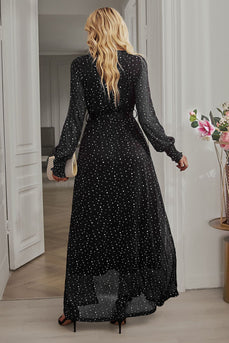 Zwarte stippen lange mouwen V-hals casual jurk met split
