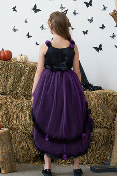 Donkerpaars hoog laag tule Halloween meisje jurk met 3D bloem