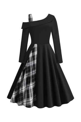 Retro stijl een schouder zwart geruit jaren 1950 jurk