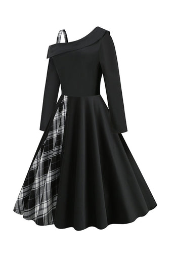 Retro stijl een schouder zwart geruit jaren 1950 jurk
