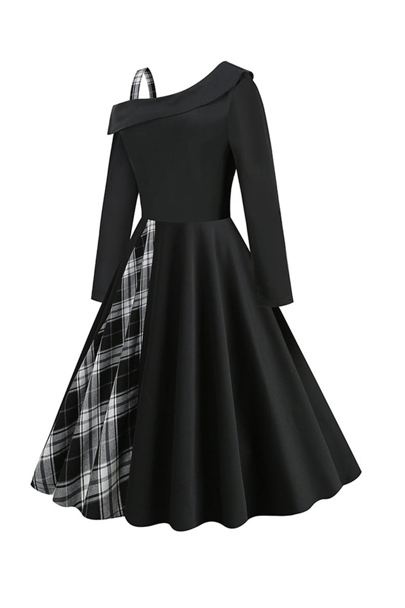 Afbeelding in Gallery-weergave laden, Retro stijl een schouder zwart geruit jaren 1950 jurk