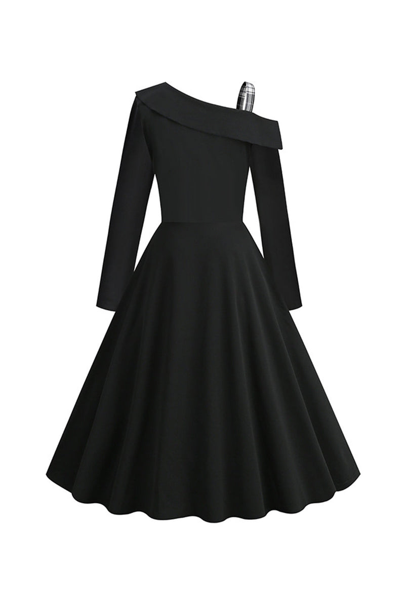 Afbeelding in Gallery-weergave laden, Retro stijl een schouder zwart geruit jaren 1950 jurk