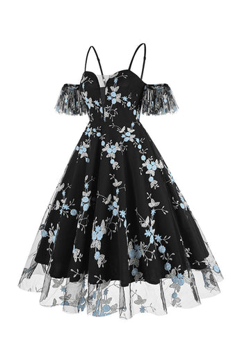 Off the Shoulder Blauwe jaren 1950 jurk met borduurwerk