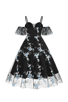 Off the Shoulder Blauwe jaren 1950 jurk met borduurwerk