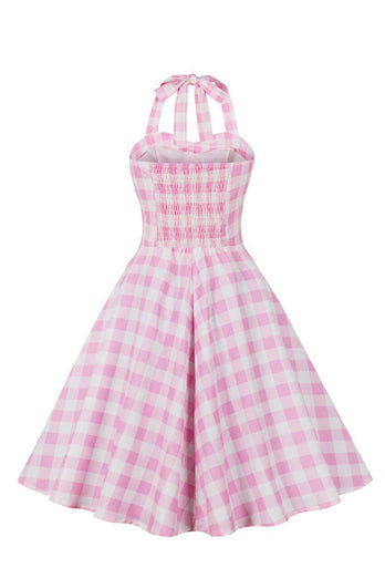 Een lijn halster hals roze geruit roze jaren 1950 jurk