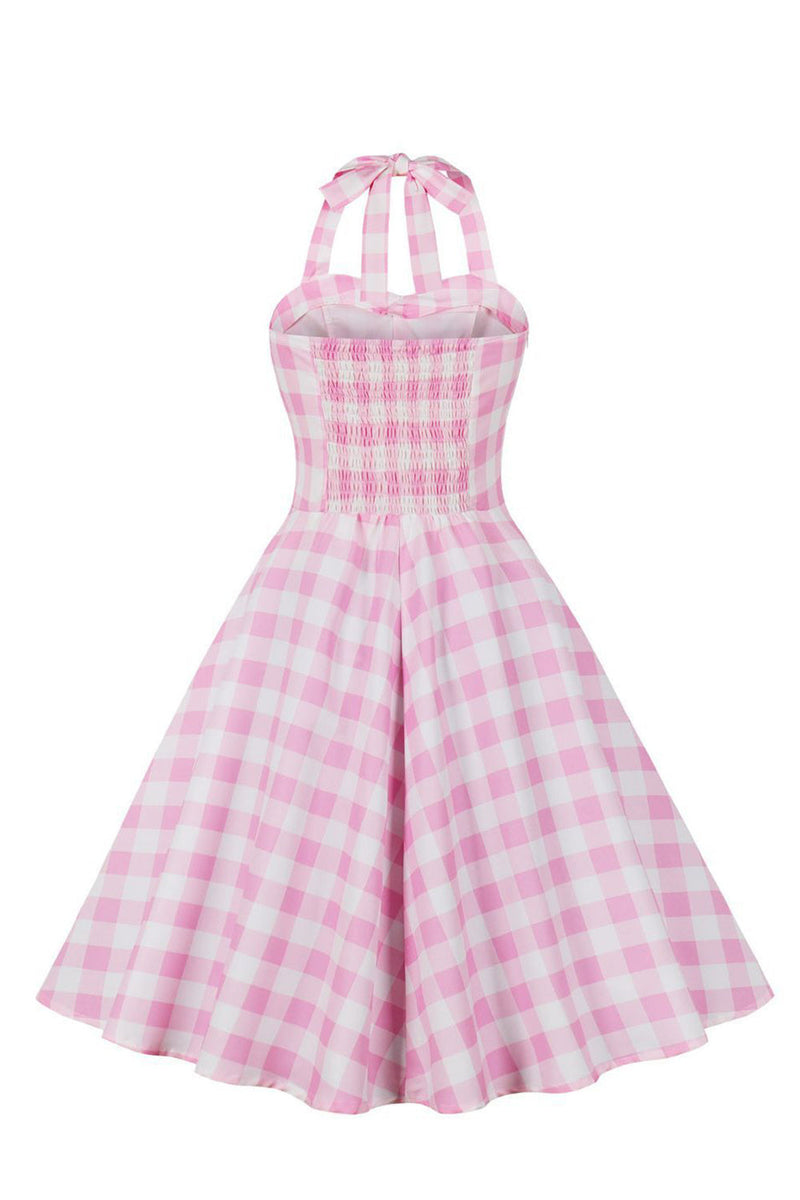 Afbeelding in Gallery-weergave laden, Een lijn halster hals roze geruit roze jaren 1950 jurk