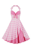 Retro Stijlen A Line Halter Hals Roze Plaid 1950s Jurk