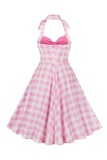 Retro Stijlen A Line Halter Hals Roze Plaid 1950s Jurk