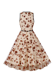 Een lijn V hals abrikoos vintage jurk met appiques