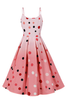 Een lijn spaghetti riemen roze polka dots vintage jurk