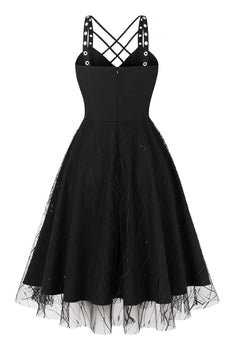 Vintage veter cross riemen zwarte Halloween jurk