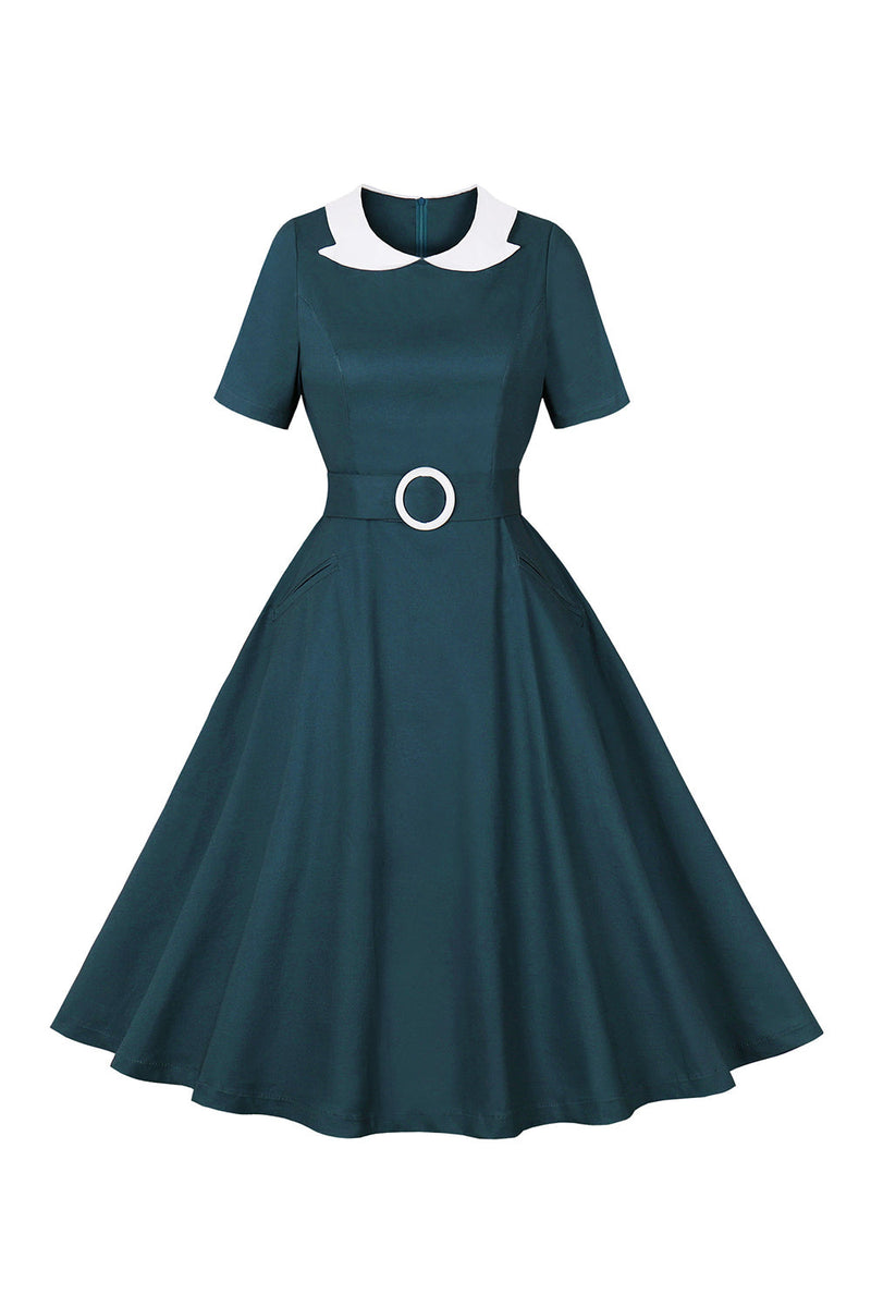 Afbeelding in Gallery-weergave laden, Pauwblauw A Line Swing jaren 1950 jurk met riem