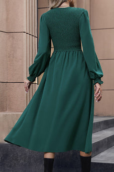Lange mouwen groene casual jurk met geplooide