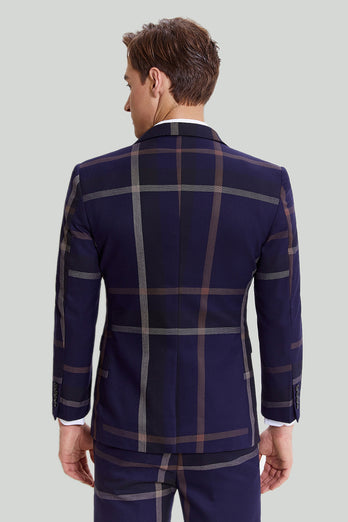 Heren 3-delige one-button navy plaid smoking