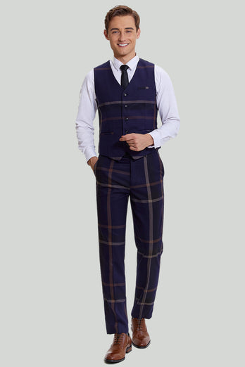 Heren 3-delige one-button navy plaid smoking