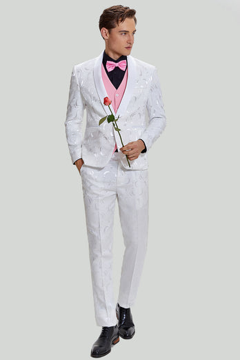 Witte Jacquard Satijn 2 Delige Sjaal Revers Heren Prom Suits