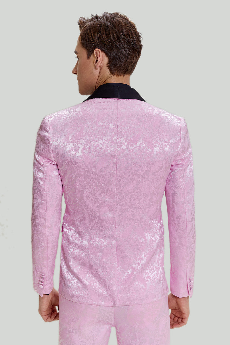 Afbeelding in Gallery-weergave laden, Roze Jacquard Satijn sjaal Revers 3 Delige Heren Prom Suits
