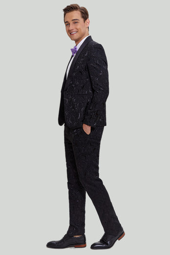 Heren Zwarte 2-delige Jacquard One Button Fit Suit Set
