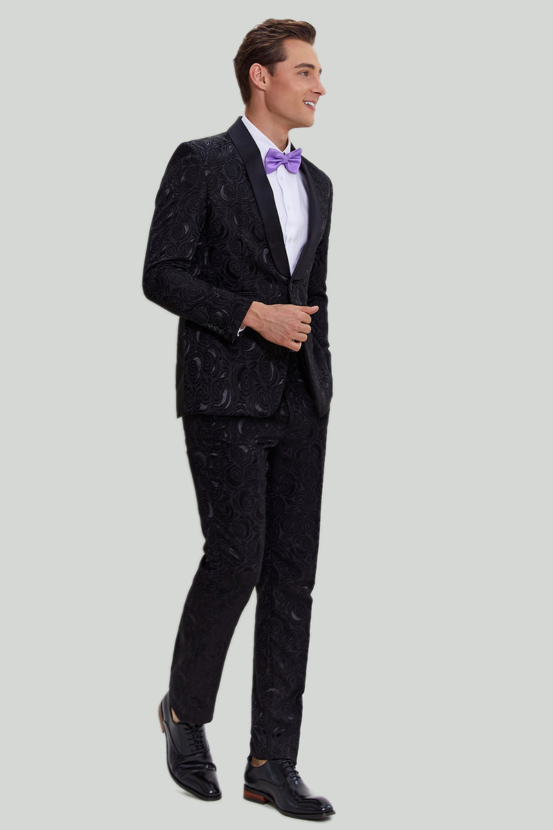 Afbeelding in Gallery-weergave laden, Heren Zwarte 2-delige Jacquard One Button Fit Suit Set
