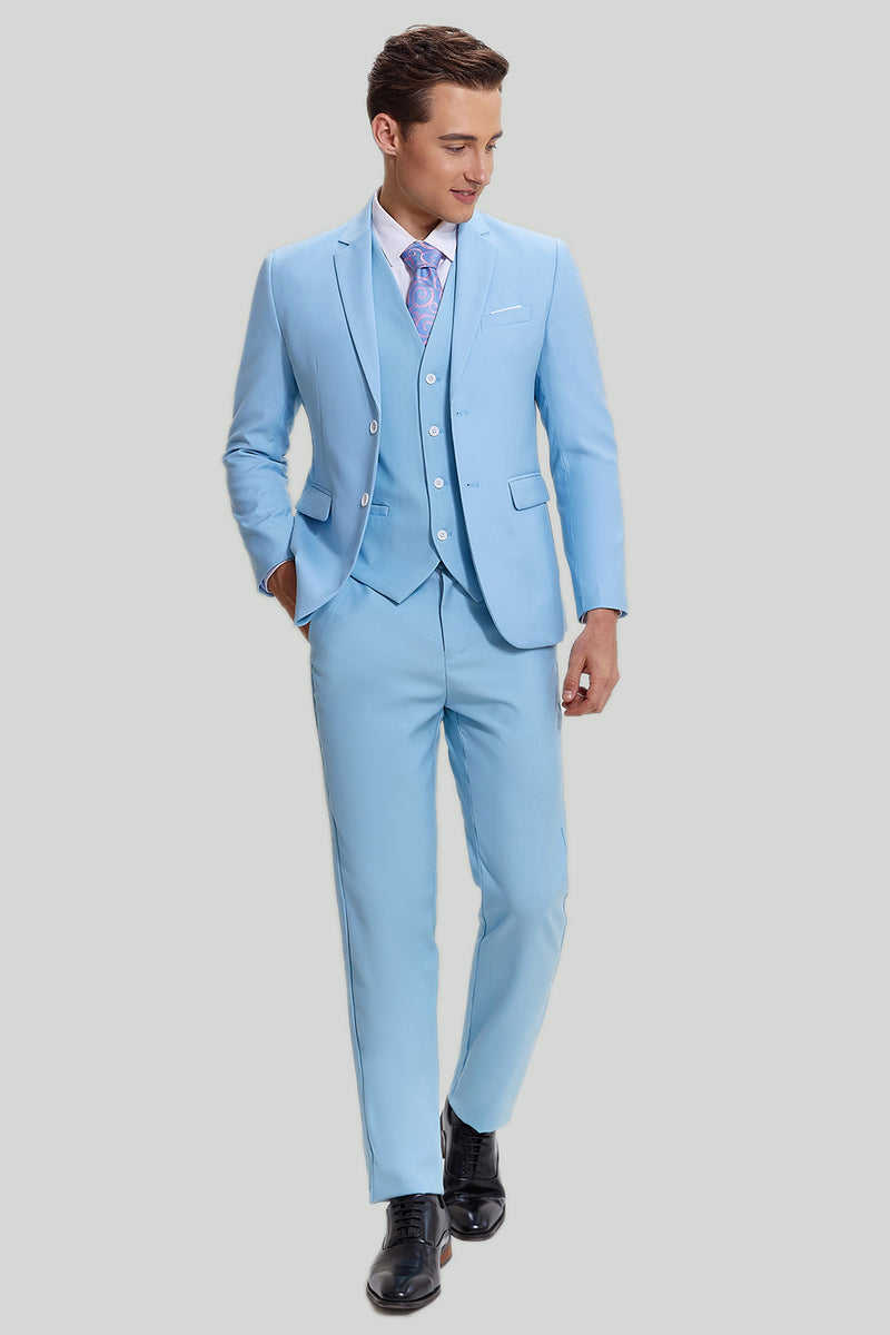 Afbeelding in Gallery-weergave laden, Hemelsblauw 3-delig revers revers modern fit pak voor heren