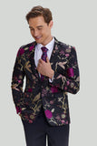 Zwarte Jacquard Satijn Gekerfde Revers Blazer