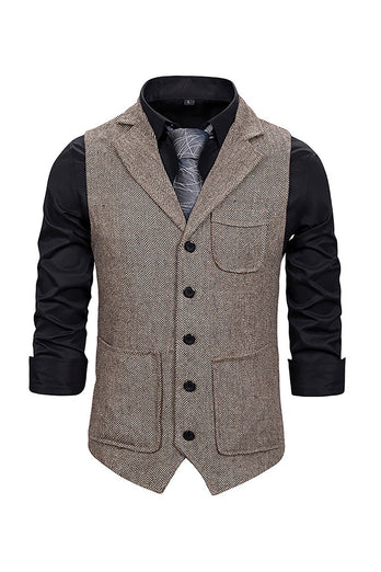 Bruin Tweed Single Breasted Gekerf Heren Pak Vest