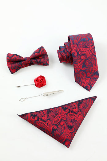 Bourgondische Jacquard Heren 5-delige Accessoire Set Tie en Vlinderdas Pocket Vierkante Bloem Revers Pin Tie Clip
