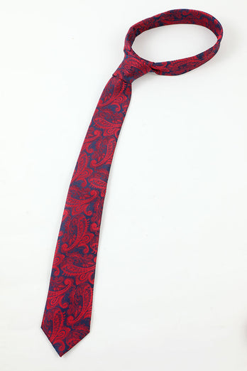 Bourgondische Jacquard Heren 5-delige Accessoire Set Tie en Vlinderdas Pocket Vierkante Bloem Revers Pin Tie Clip