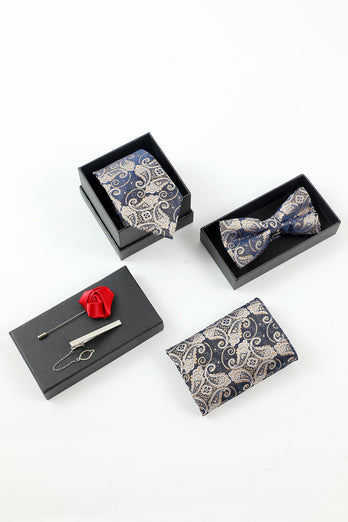 Marine Heren Jacquard 5-delige accessoire set stropdas en vlinderdas pocket vierkante bloem revers pin tie clip