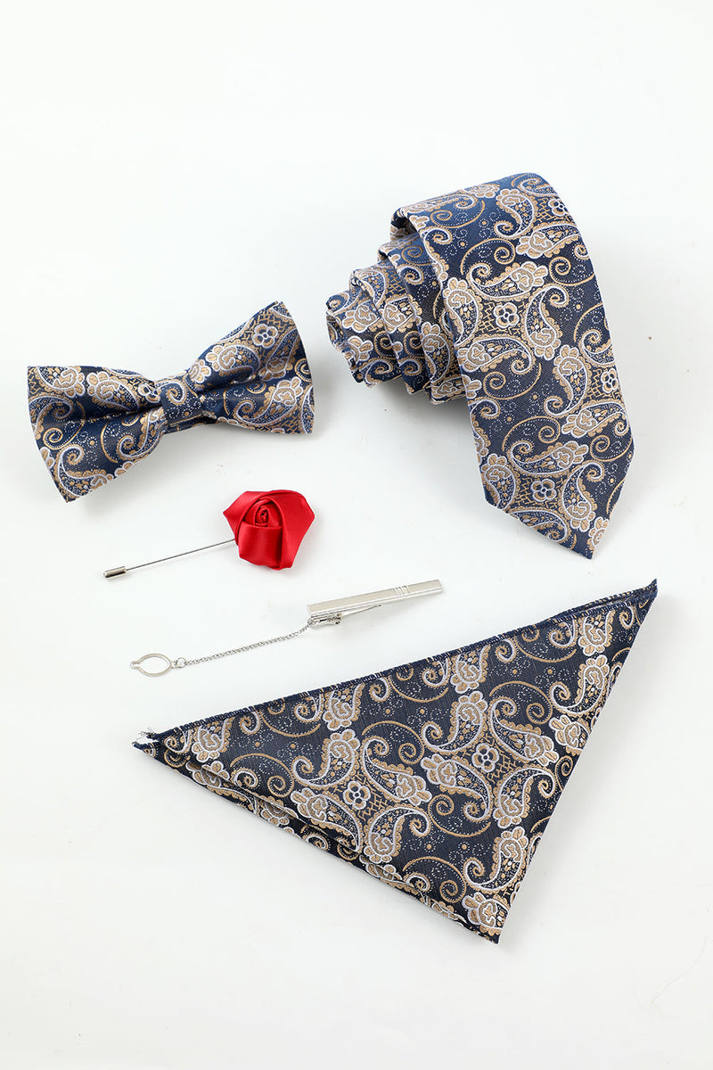 Afbeelding in Gallery-weergave laden, Marine Heren Jacquard 5-delige accessoire set stropdas en vlinderdas pocket vierkante bloem revers pin tie clip