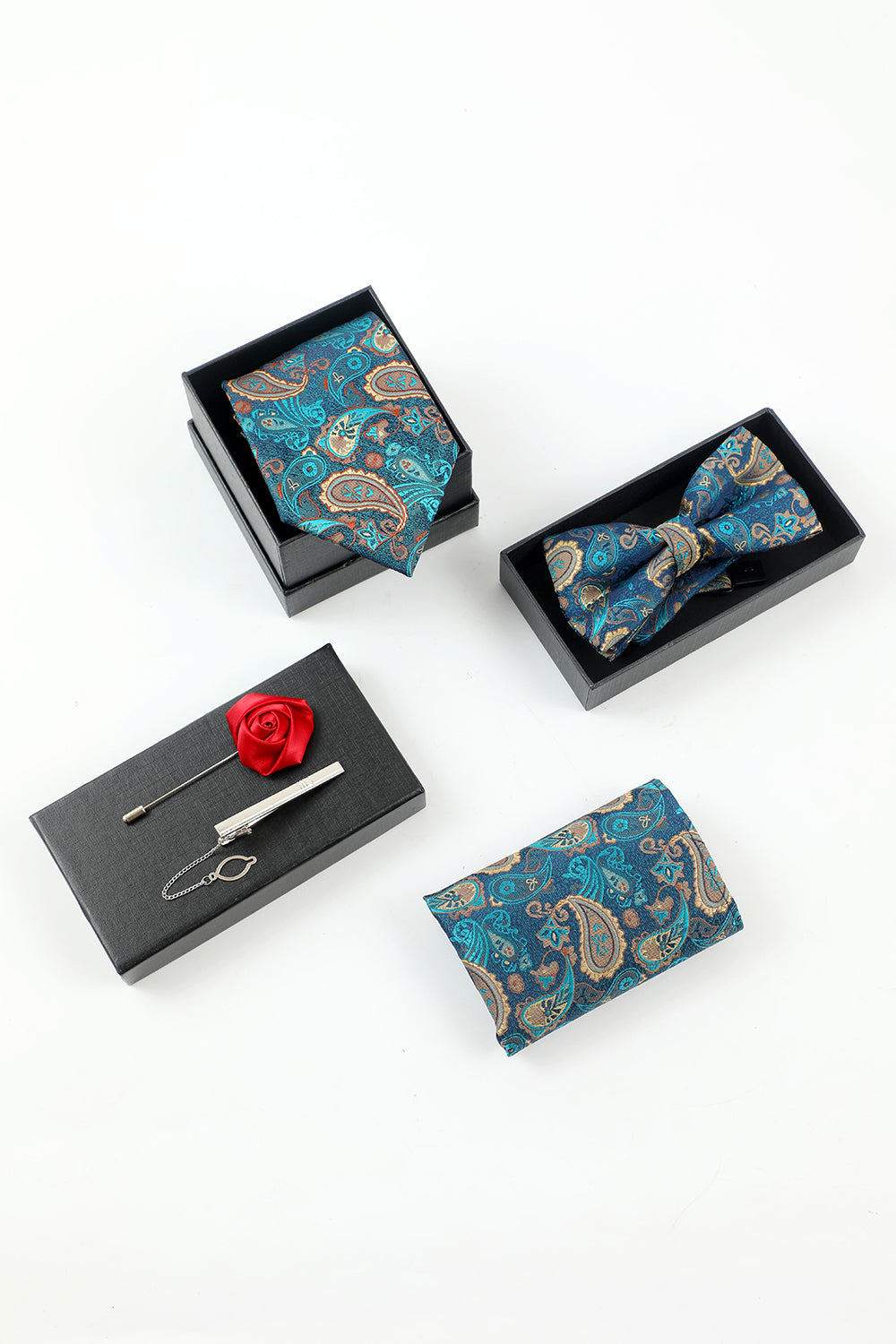 Lake Blue Jacquard Heren 5-delige accessoire set stropdas en vlinderdas pocket vierkante bloem revers pin tie clip