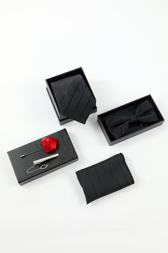 Zwarte streep heren 5-delige accessoire set stropdas en vlinderdas pocket vierkante bloem revers pin tie clip